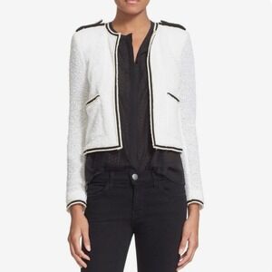 The Kooples White Tweed Cropped Jacket Black Trim Epaulettes FV1220 Size 42